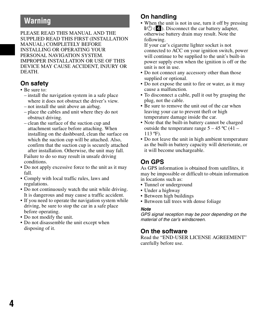 Warning | Sony NV-U72TW User Manual | Page 4 / 116