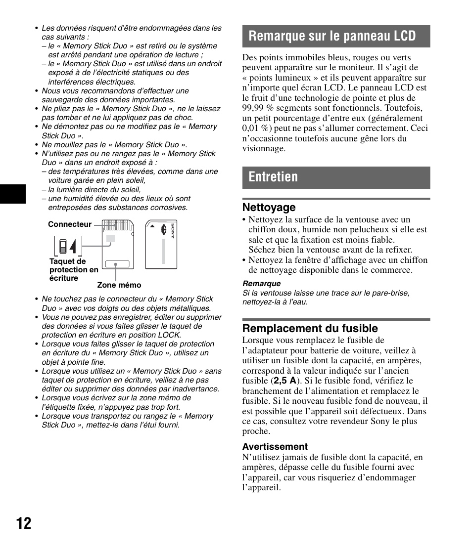 Remarque sur le panneau lcd, Entretien, Nettoyage | Remplacement du fusible, Remarque sur le panneau lcd entretien, Nettoyage remplacement du fusible | Sony NV-U72TW User Manual | Page 40 / 116