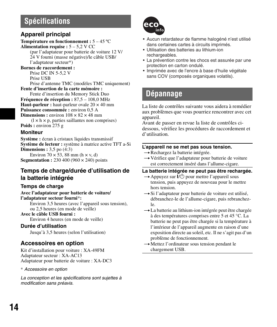 Spécifications, Dépannage, Spécifications dépannage | Sony NV-U72TW User Manual | Page 42 / 116