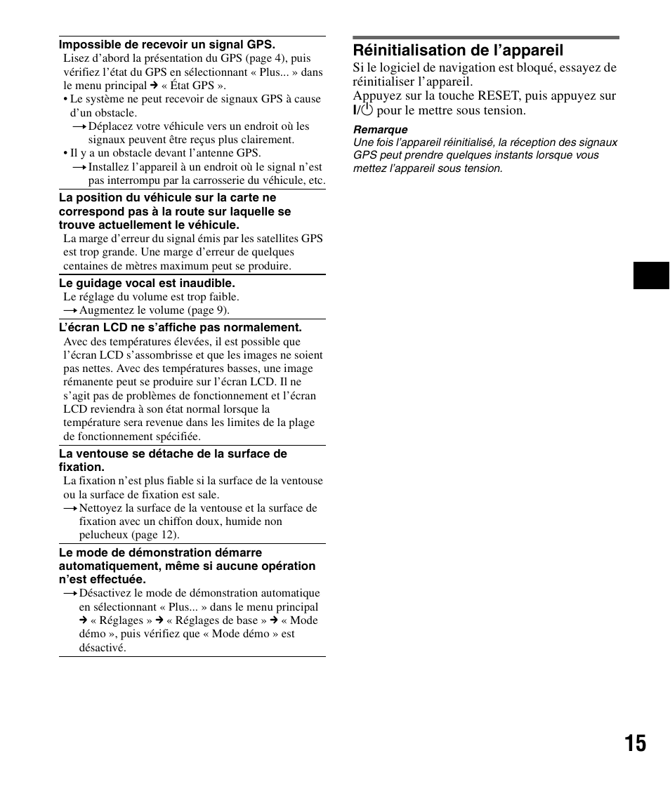 Réinitialisation de l’appareil, Set 15 | Sony NV-U72TW User Manual | Page 43 / 116