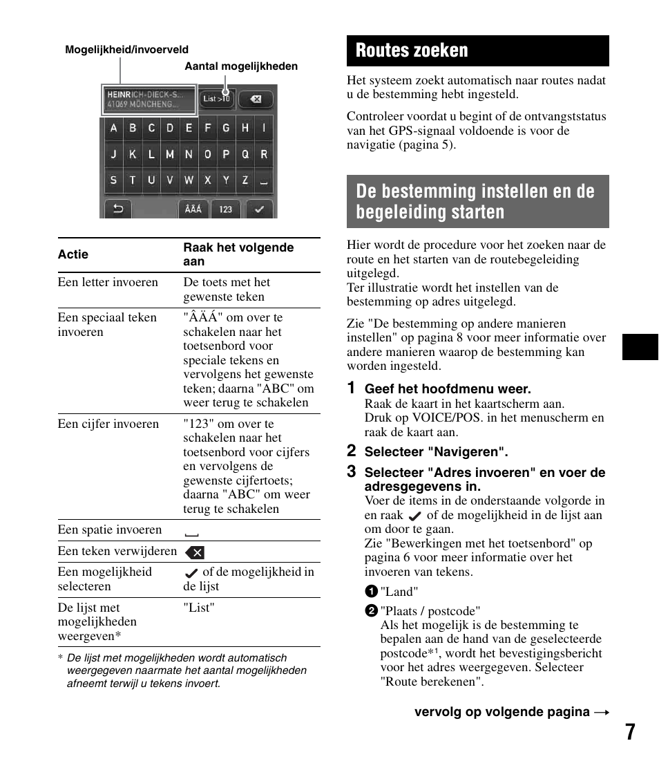 Routes zoeken, De bestemming instellen en de begeleiding starten, De bestemming instellen en de begeleiding | Starten | Sony NV-U72TW User Manual | Page 49 / 116