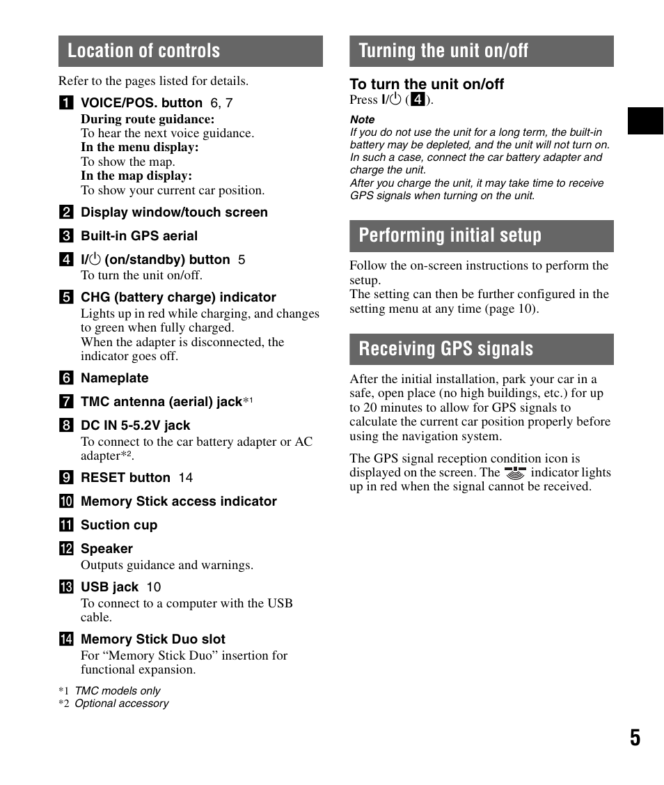 Location of controls, Turning the unit on/off, Performing initial setup | Receiving gps signals | Sony NV-U72TW User Manual | Page 5 / 116