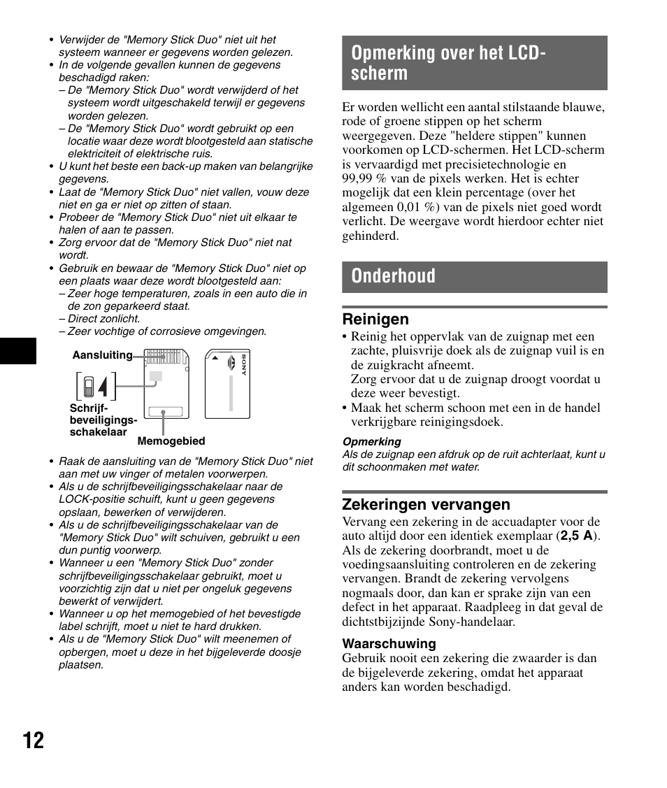 Opmerking over het lcd- scherm, Onderhoud, Reinigen | Zekeringen vervangen, Opmerking over het lcd-scherm onderhoud, Reinigen zekeringen vervangen | Sony NV-U72TW User Manual | Page 54 / 116