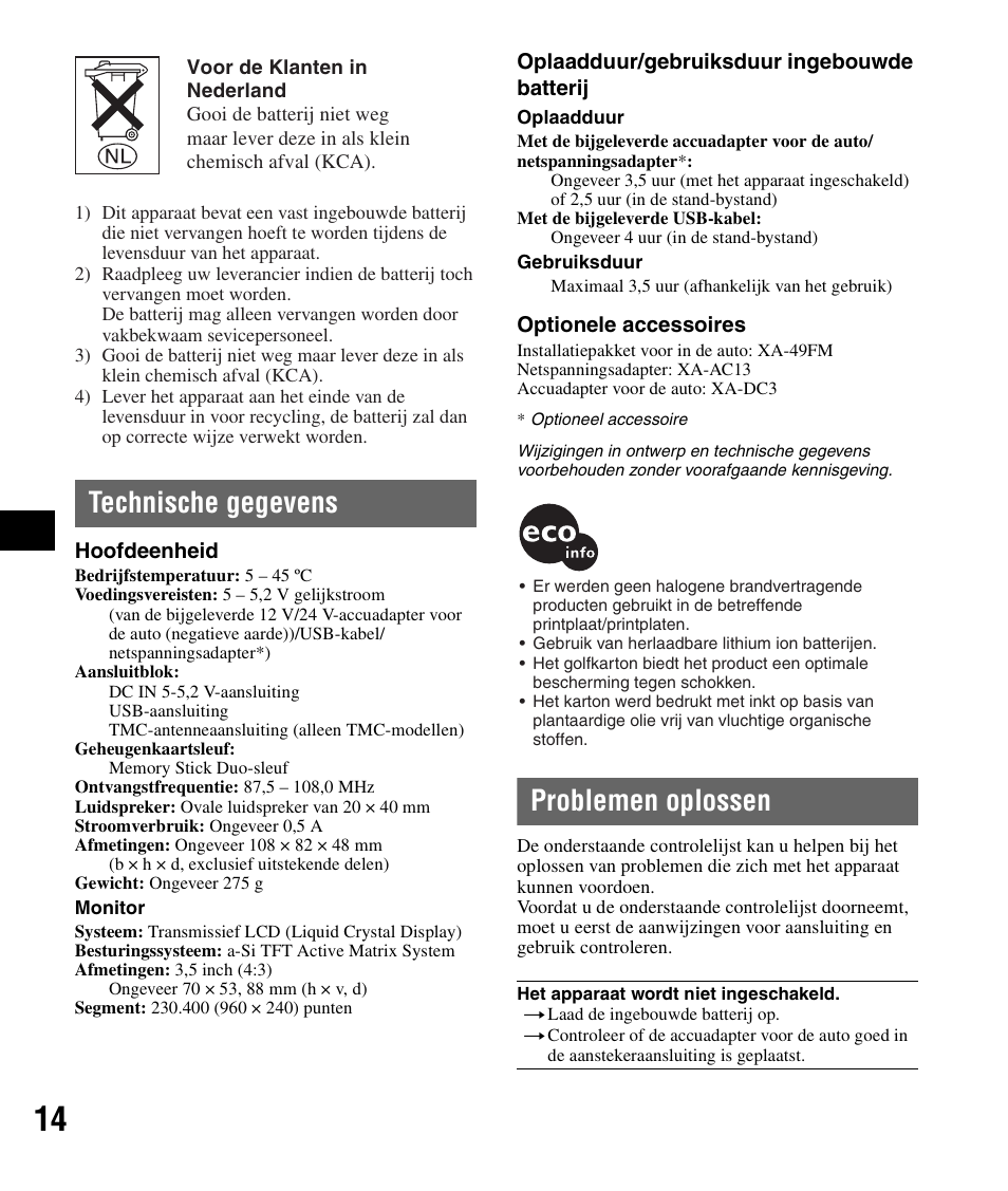 Technische gegevens, Problemen oplossen, Technische gegevens problemen oplossen | Sony NV-U72TW User Manual | Page 56 / 116