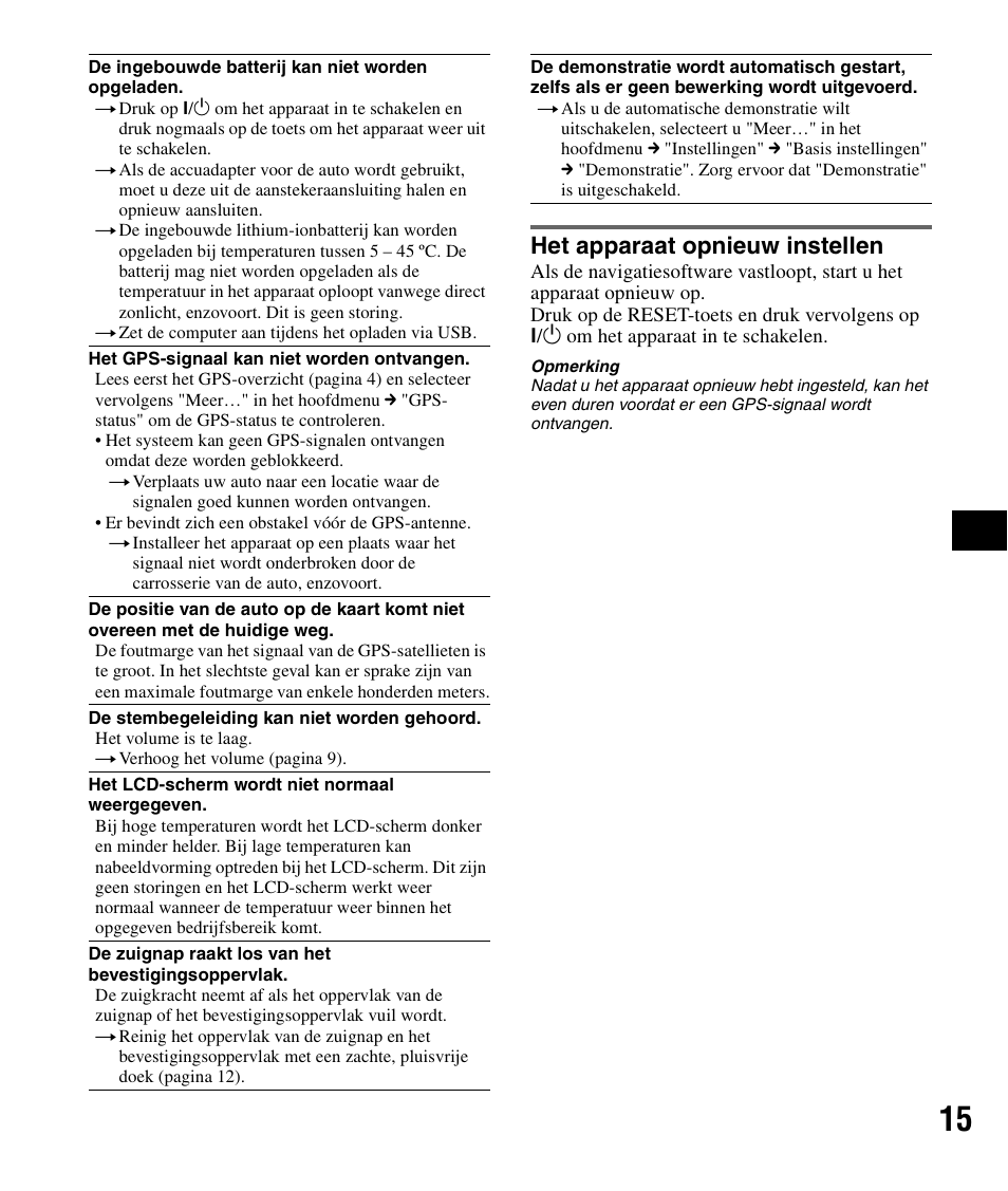 Het apparaat opnieuw instellen, S 15 | Sony NV-U72TW User Manual | Page 57 / 116