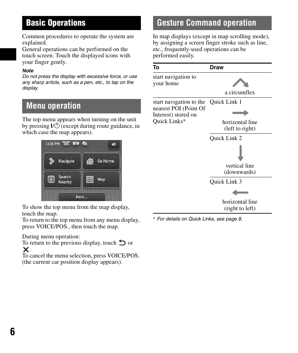 Basic operations, Menu operation, Gesture command operation | Menu operation gesture command operation | Sony NV-U72TW User Manual | Page 6 / 116