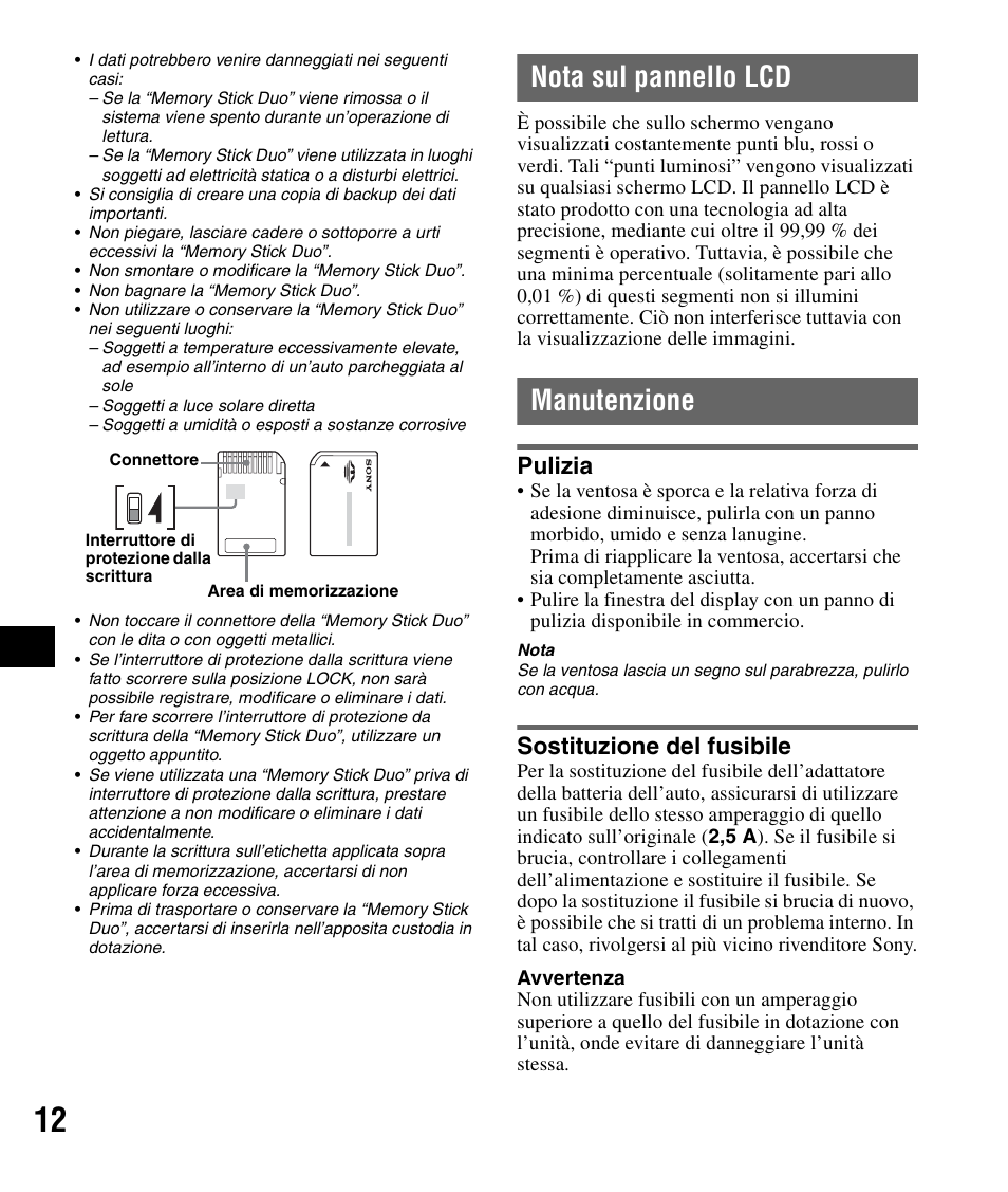 Nota sul pannello lcd, Manutenzione, Pulizia | Sostituzione del fusibile, Nota sul pannello lcd manutenzione, Pulizia sostituzione del fusibile | Sony NV-U72TW User Manual | Page 68 / 116