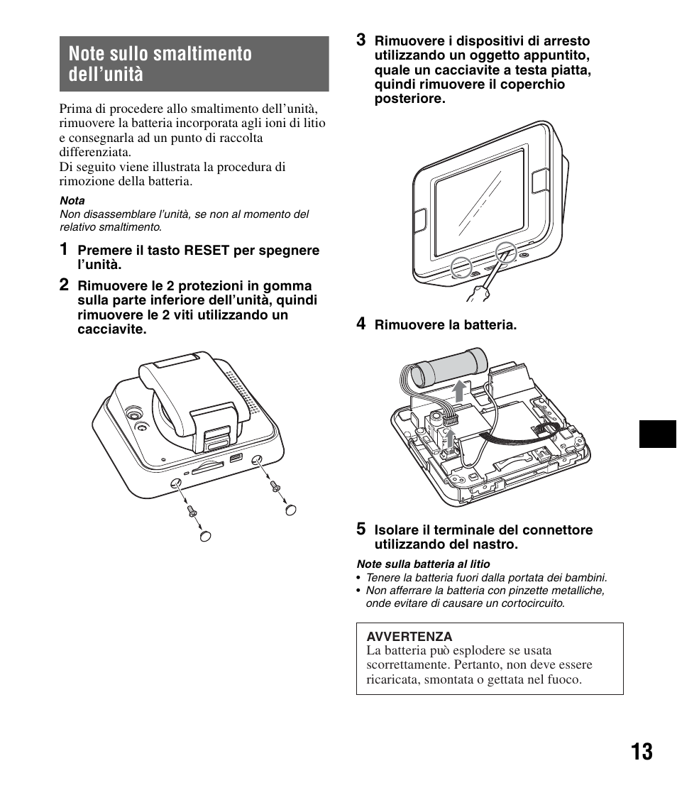 Note sullo smaltimento dell’unità | Sony NV-U72TW User Manual | Page 69 / 116