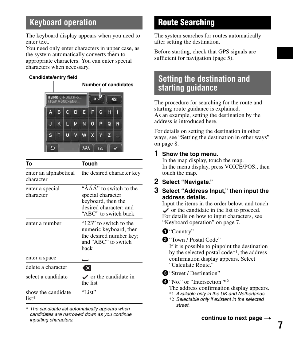 Keyboard operation, Route searching, Setting the destination and starting guidance | Setting the destination and, Starting guidance | Sony NV-U72TW User Manual | Page 7 / 116