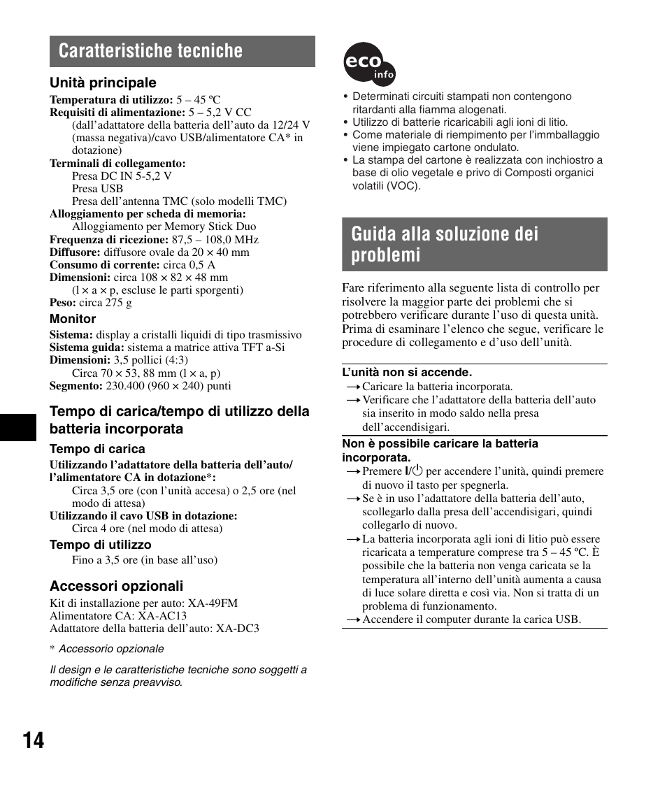 Caratteristiche tecniche, Guida alla soluzione dei problemi | Sony NV-U72TW User Manual | Page 70 / 116