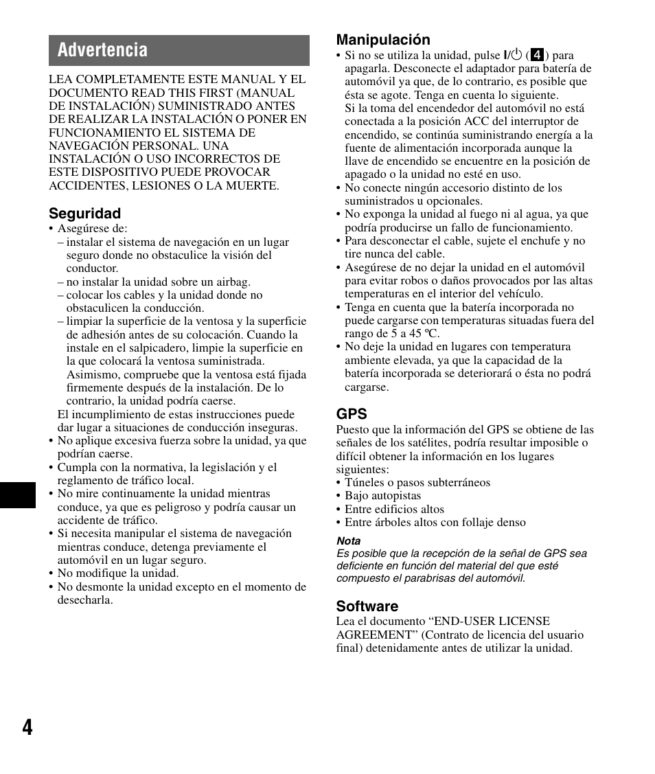 Advertencia | Sony NV-U72TW User Manual | Page 74 / 116