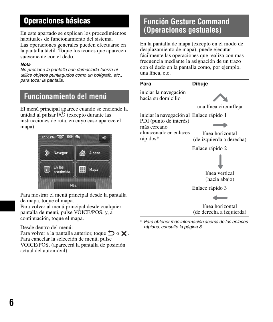 Operaciones básicas, Funcionamiento del menú, Función gesture command (operaciones gestuales) | Funcionamiento del menú función gesture command, Operaciones gestuales) | Sony NV-U72TW User Manual | Page 76 / 116