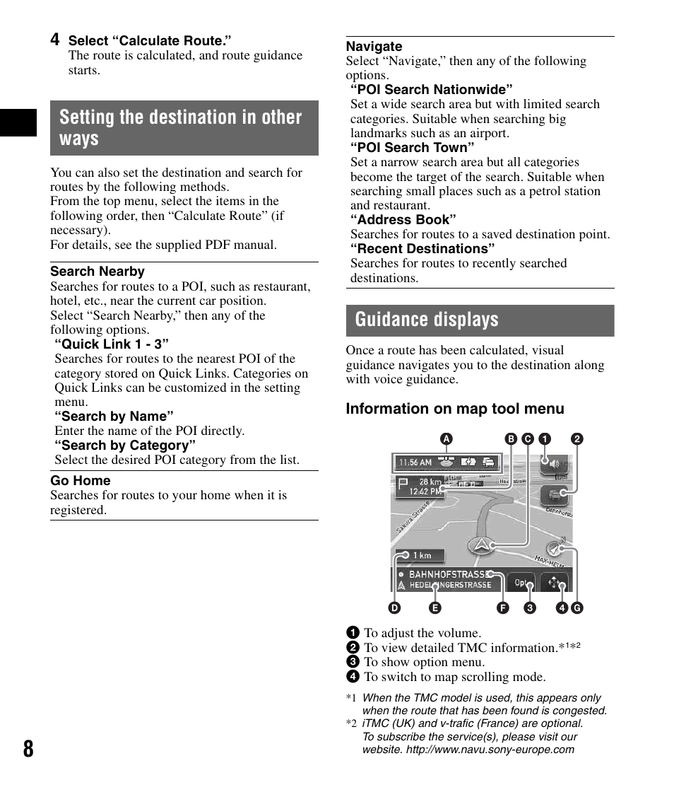 Setting the destination in other ways, Guidance displays | Sony NV-U72TW User Manual | Page 8 / 116