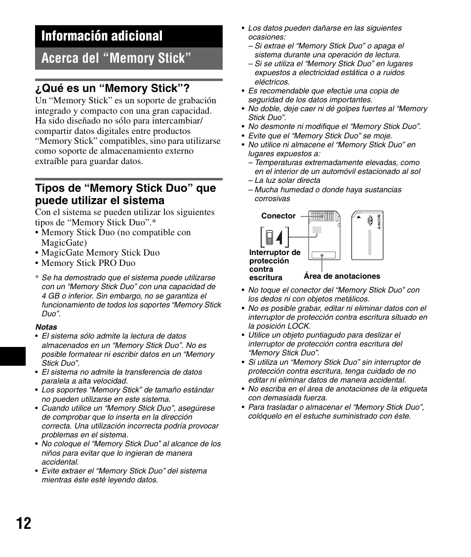 Información adicional, Acerca del “memory stick, Qué es un “memory stick | Sony NV-U72TW User Manual | Page 82 / 116