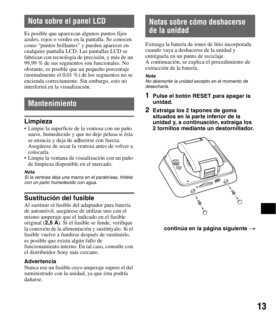 Nota sobre el panel lcd, Mantenimiento, Limpieza | Sustitución del fusible, Notas sobre cómo deshacerse de la unidad, Nota sobre el panel lcd mantenimiento, Limpieza sustitución del fusible, Notas sobre cómo deshacerse de la, Unidad | Sony NV-U72TW User Manual | Page 83 / 116