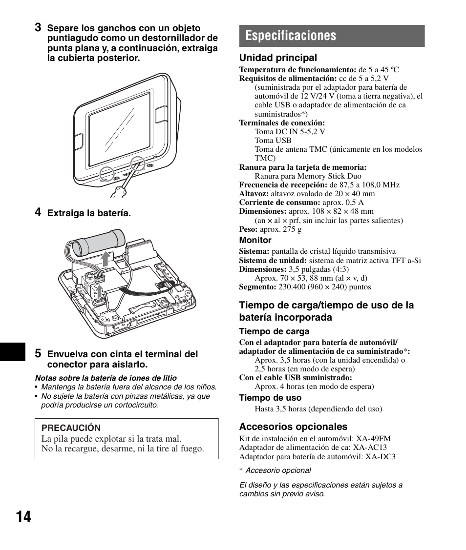 Especificaciones | Sony NV-U72TW User Manual | Page 84 / 116