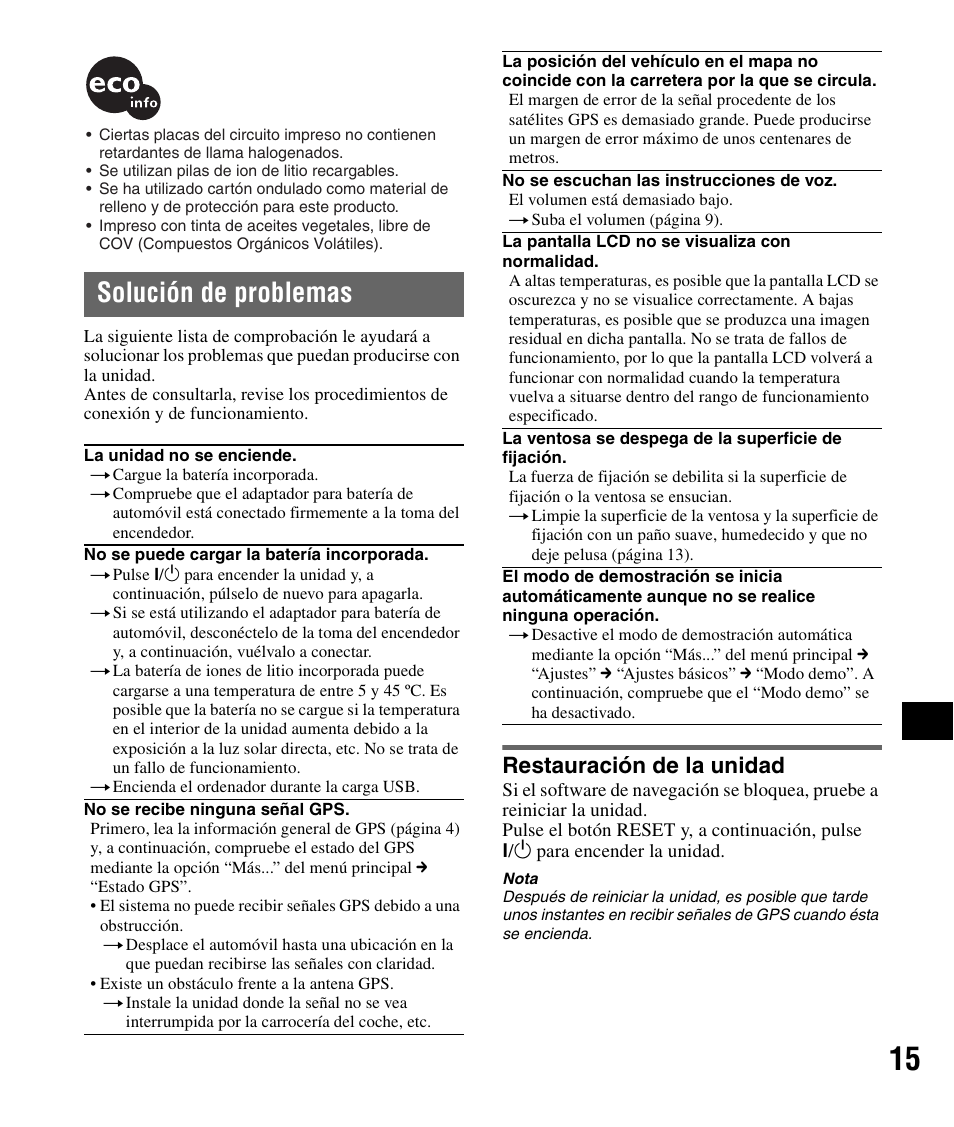 Solución de problemas, Restauración de la unidad | Sony NV-U72TW User Manual | Page 85 / 116