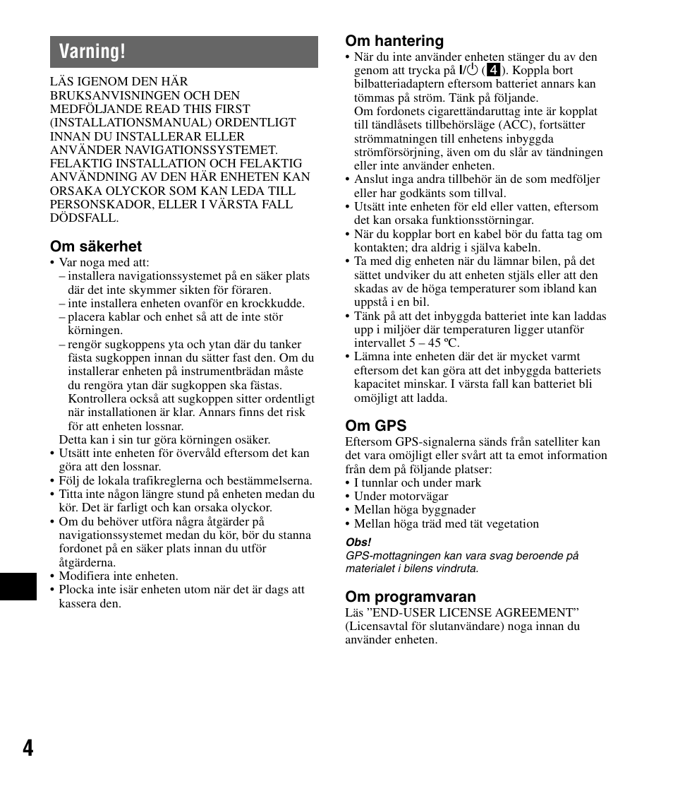 Varning | Sony NV-U72TW User Manual | Page 88 / 116
