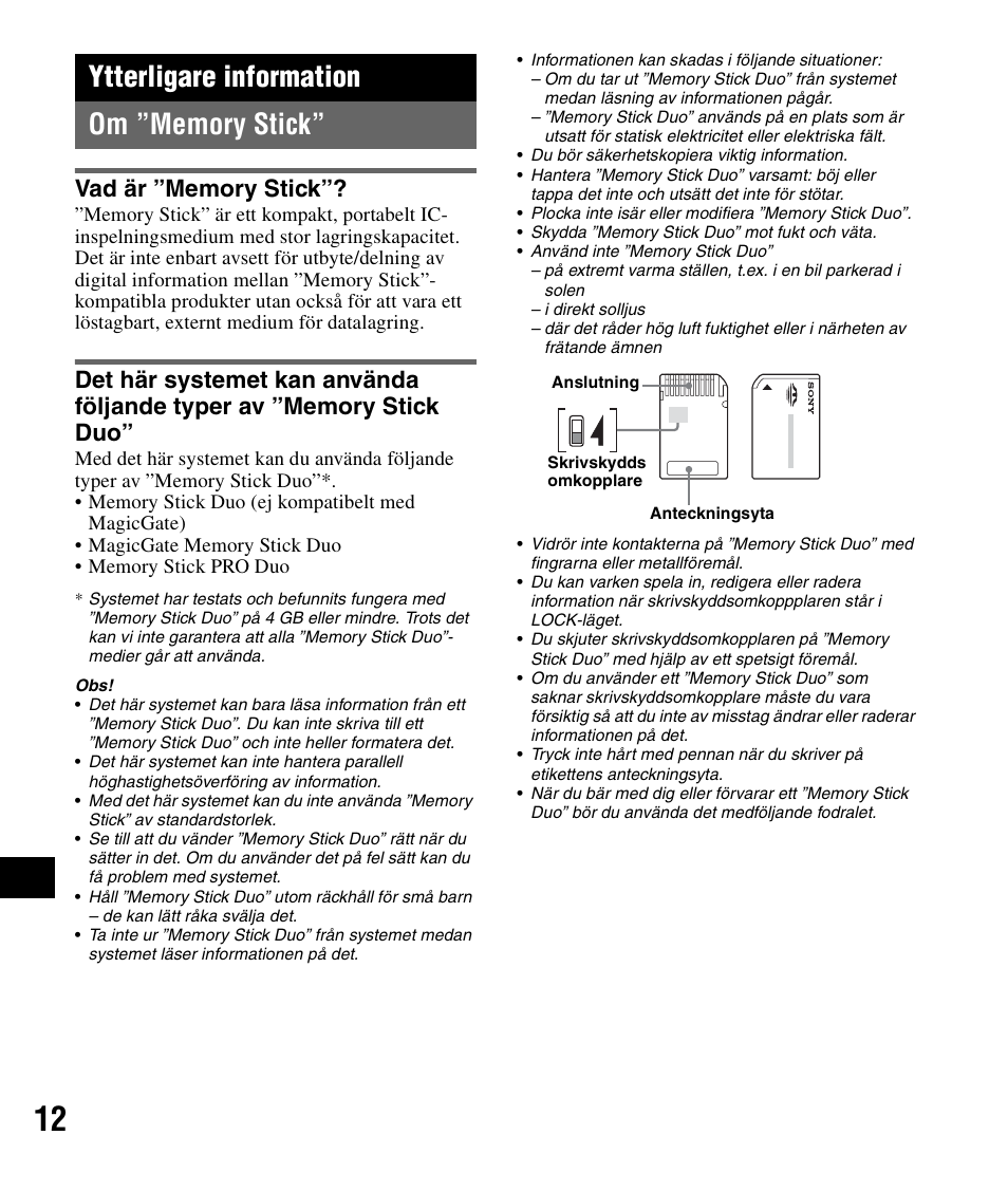 Ytterligare information, Om ”memory stick, Vad är ”memory stick | Sony NV-U72TW User Manual | Page 96 / 116