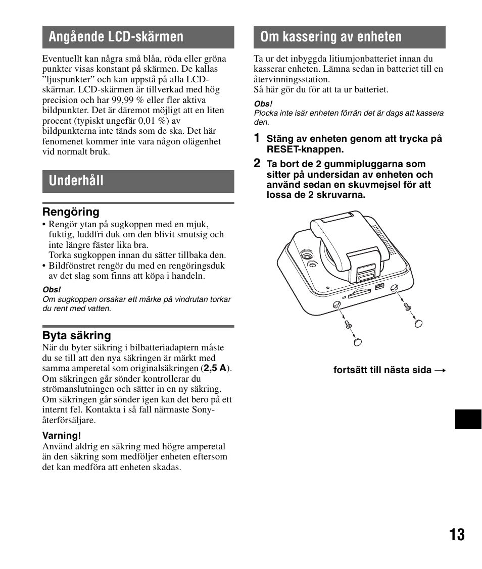 Angående lcd-skärmen, Underhåll, Rengöring | Byta säkring, Om kassering av enheten, Angående lcd-skärmen underhåll, Rengöring byta säkring | Sony NV-U72TW User Manual | Page 97 / 116