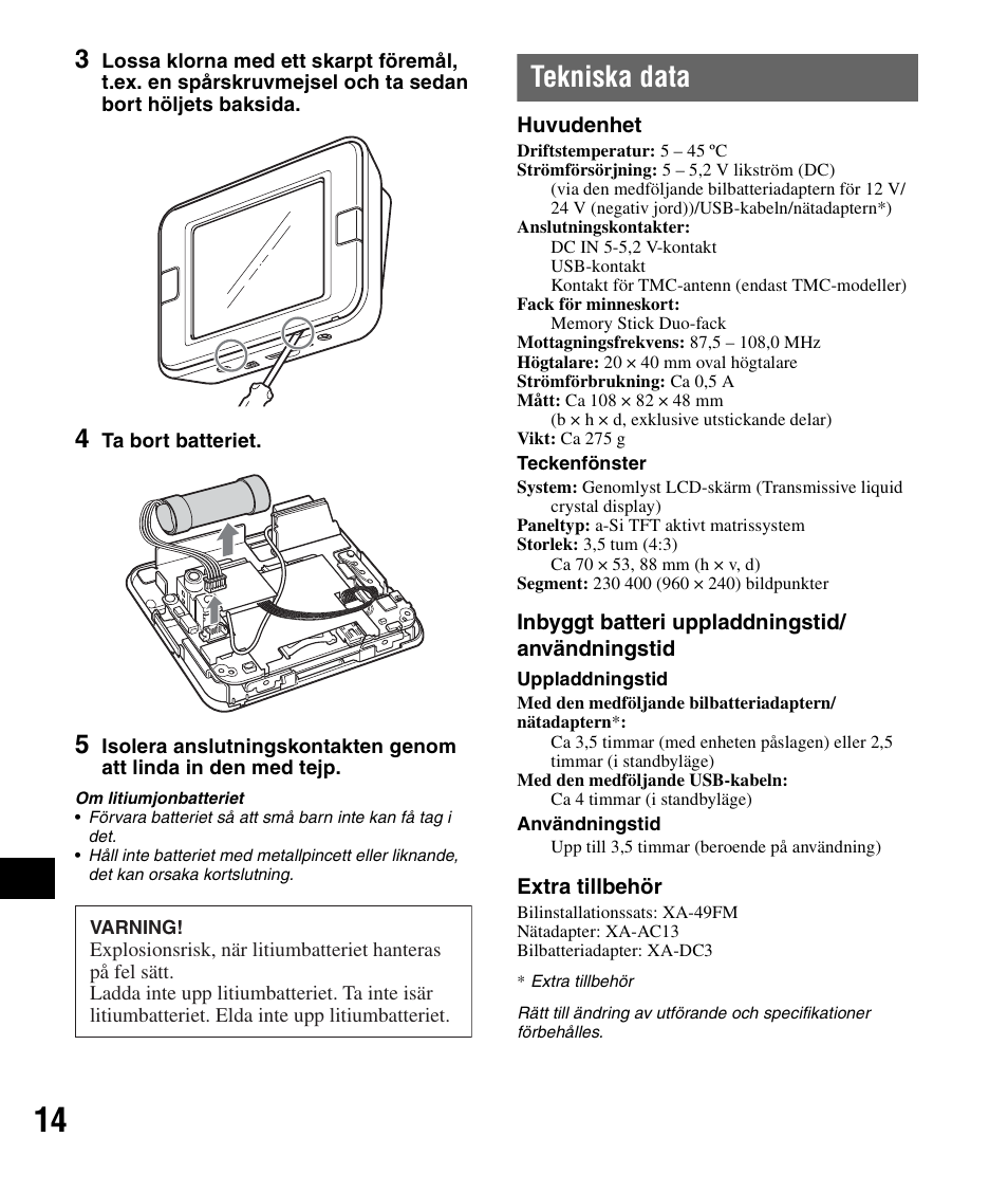 Tekniska data | Sony NV-U72TW User Manual | Page 98 / 116