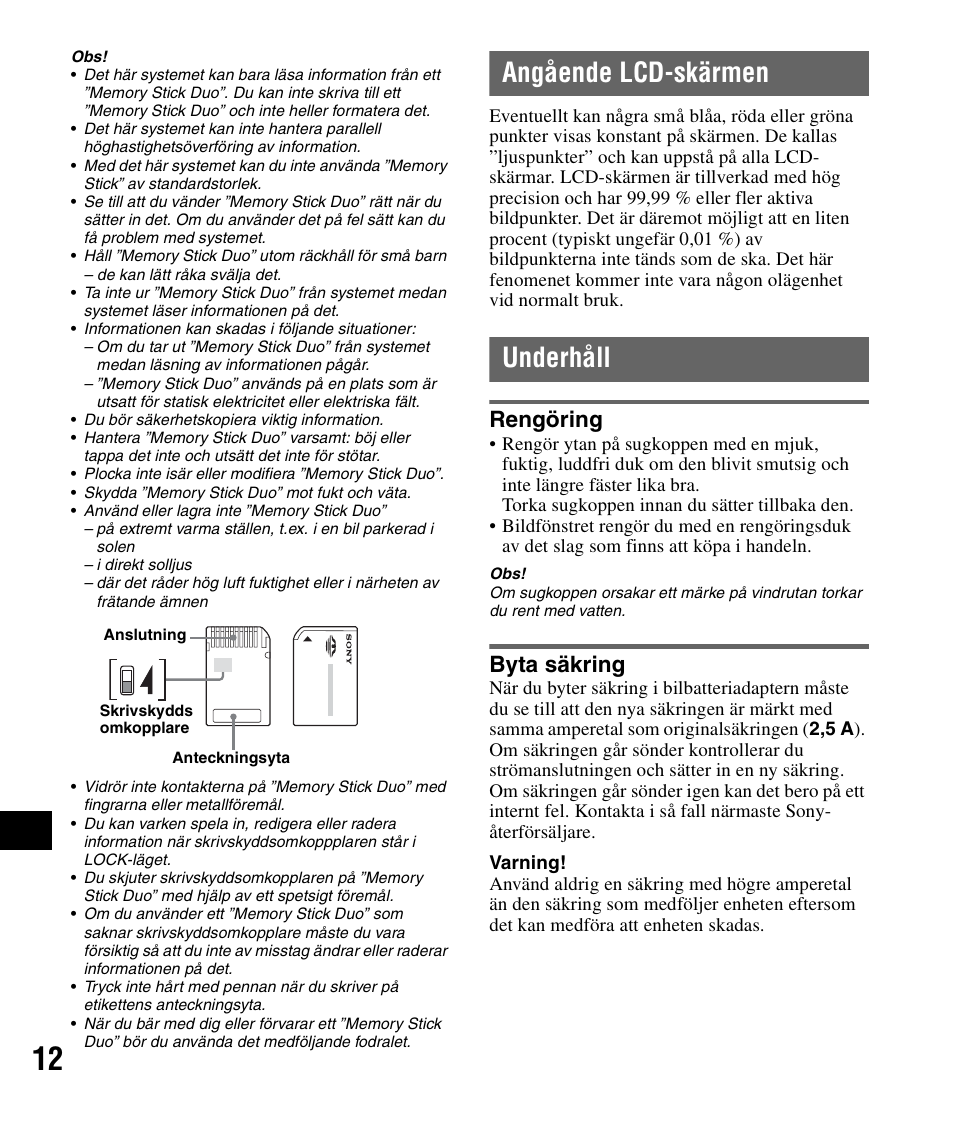 Angående lcd-skärmen, Underhåll, Rengöring | Byta säkring, Angående lcd-skärmen underhåll, Rengöring byta säkring | Sony NV-U82B User Manual | Page 100 / 122