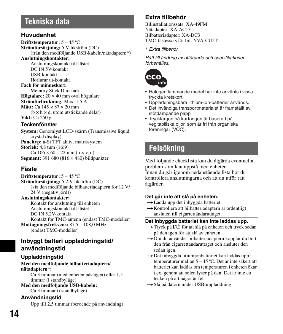 Tekniska data, Felsökning, Tekniska data felsökning | Sony NV-U82B User Manual | Page 102 / 122