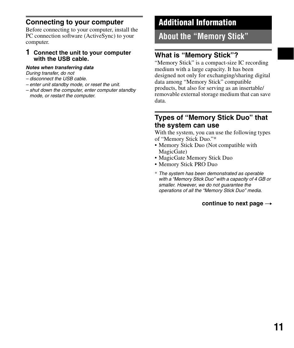 Connecting to your computer, Additional information, About the “memory stick | What is “memory stick | Sony NV-U82B User Manual | Page 11 / 122