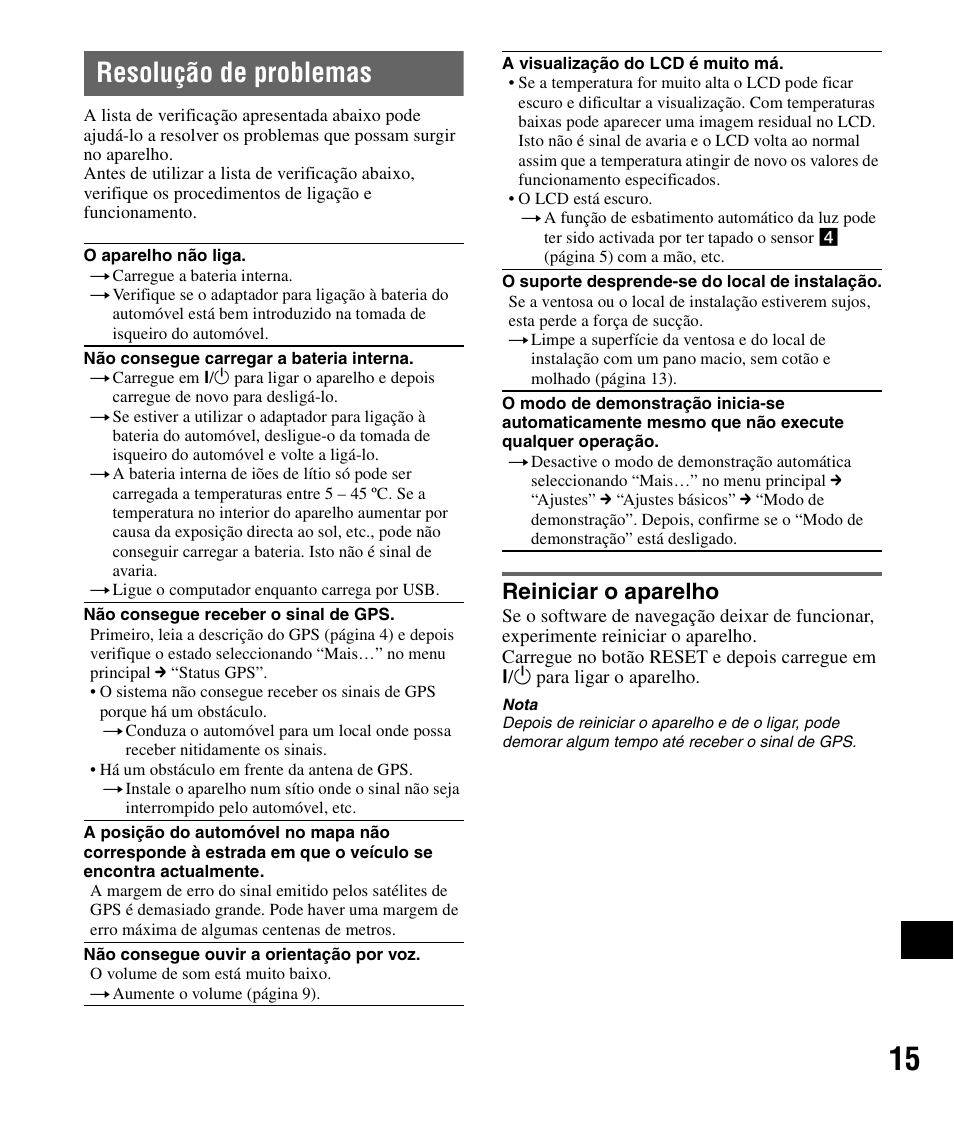 Resolução de problemas, Reiniciar o aparelho, T 15 | Sony NV-U82B User Manual | Page 117 / 122