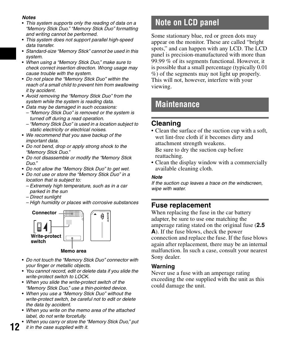 Note on lcd panel, Maintenance, Cleaning | Fuse replacement, Note on lcd panel maintenance, Cleaning fuse replacement | Sony NV-U82B User Manual | Page 12 / 122