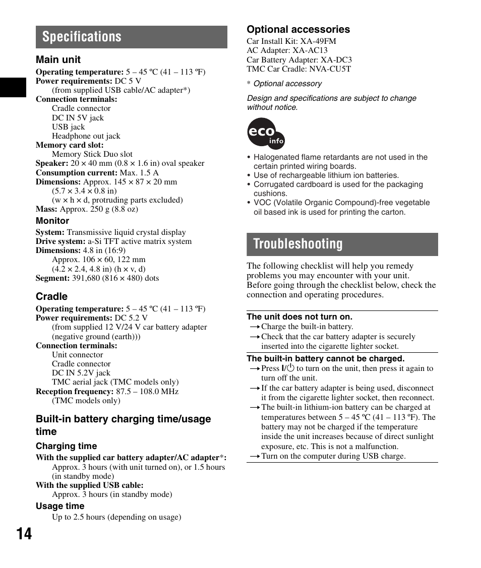 Specifications, Troubleshooting, Specifications troubleshooting | Sony NV-U82B User Manual | Page 14 / 122