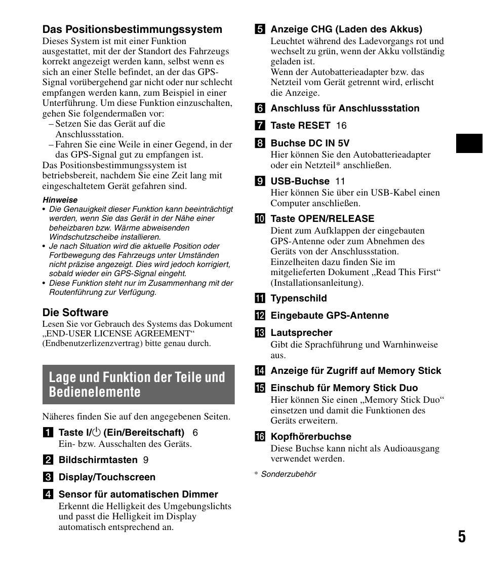 Lage und funktion der teile und bedienelemente, Lage und funktion der teile und, Bedienelemente | Sony NV-U82B User Manual | Page 19 / 122