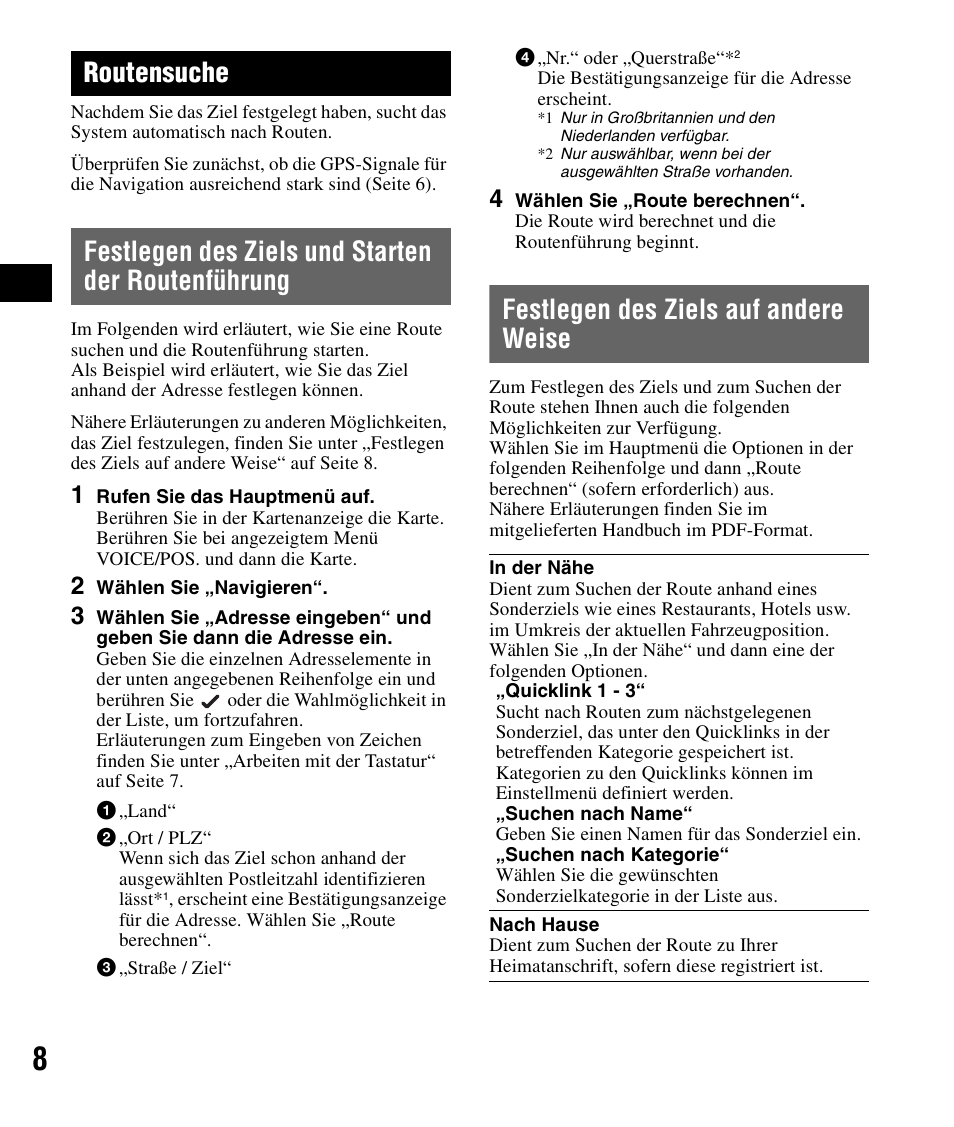 Routensuche, Festlegen des ziels und starten der routenführung, Festlegen des ziels auf andere weise | Festlegen des ziels und starten der, Routenführung | Sony NV-U82B User Manual | Page 22 / 122