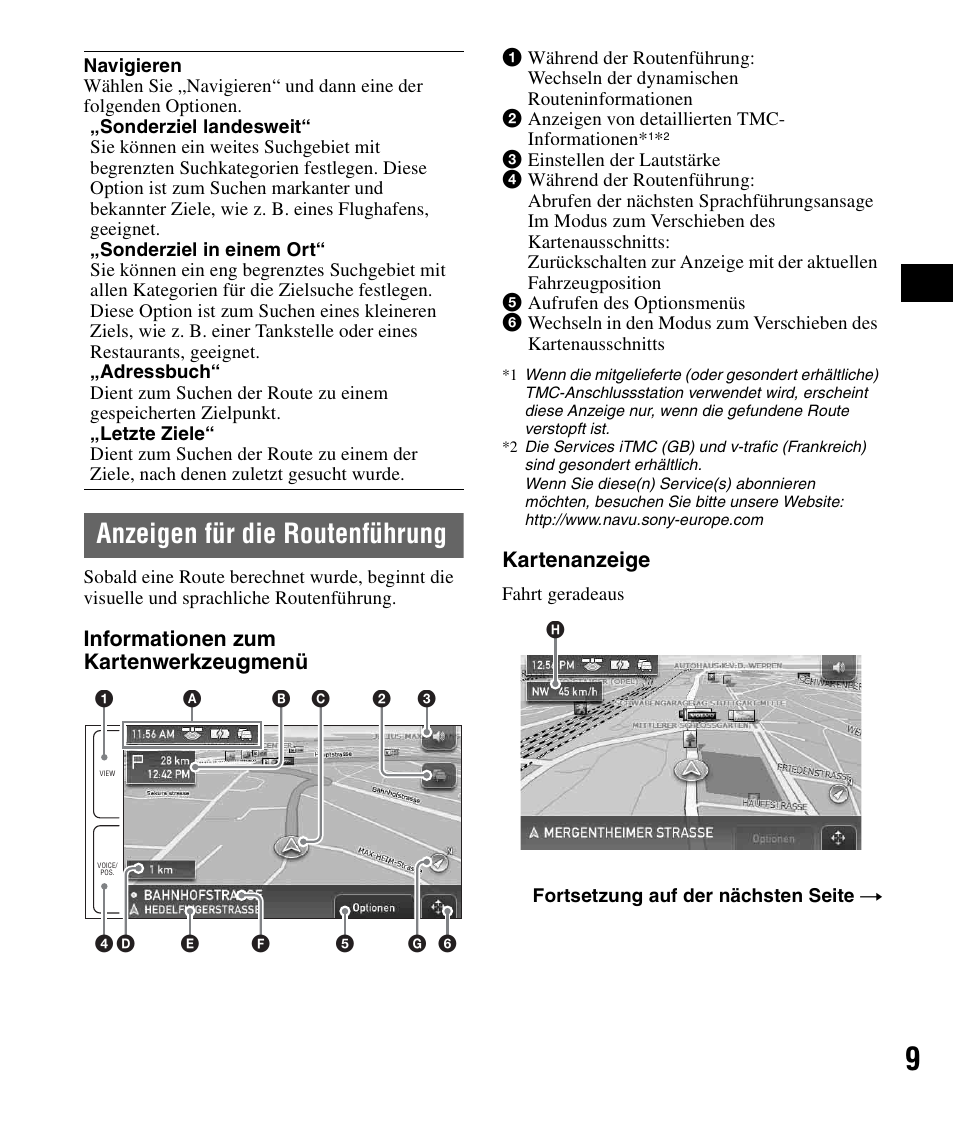 Anzeigen für die routenführung | Sony NV-U82B User Manual | Page 23 / 122