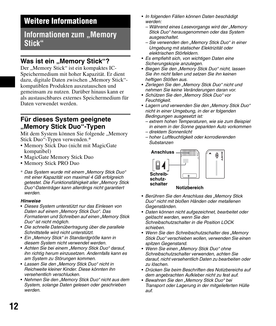 Weitere informationen, Informationen zum „memory stick, Was ist ein „memory stick | Sony NV-U82B User Manual | Page 26 / 122