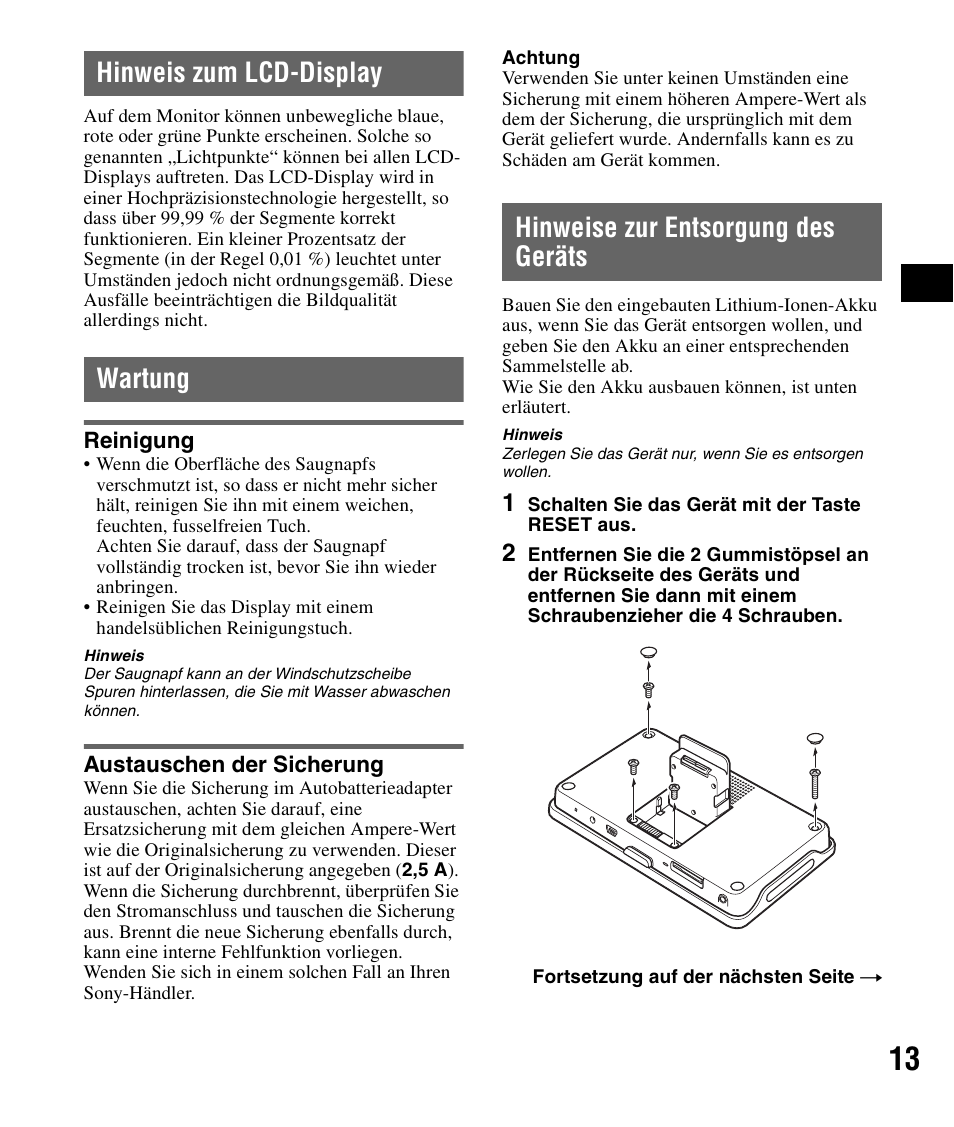 Hinweis zum lcd-display, Wartung, Reinigung | Austauschen der sicherung, Hinweise zur entsorgung des geräts, Hinweis zum lcd-display wartung, Reinigung austauschen der sicherung | Sony NV-U82B User Manual | Page 27 / 122