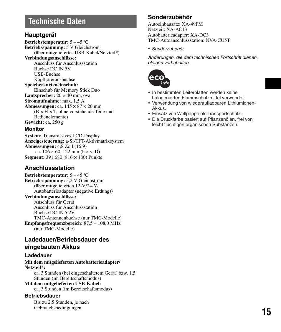 Technische daten | Sony NV-U82B User Manual | Page 29 / 122