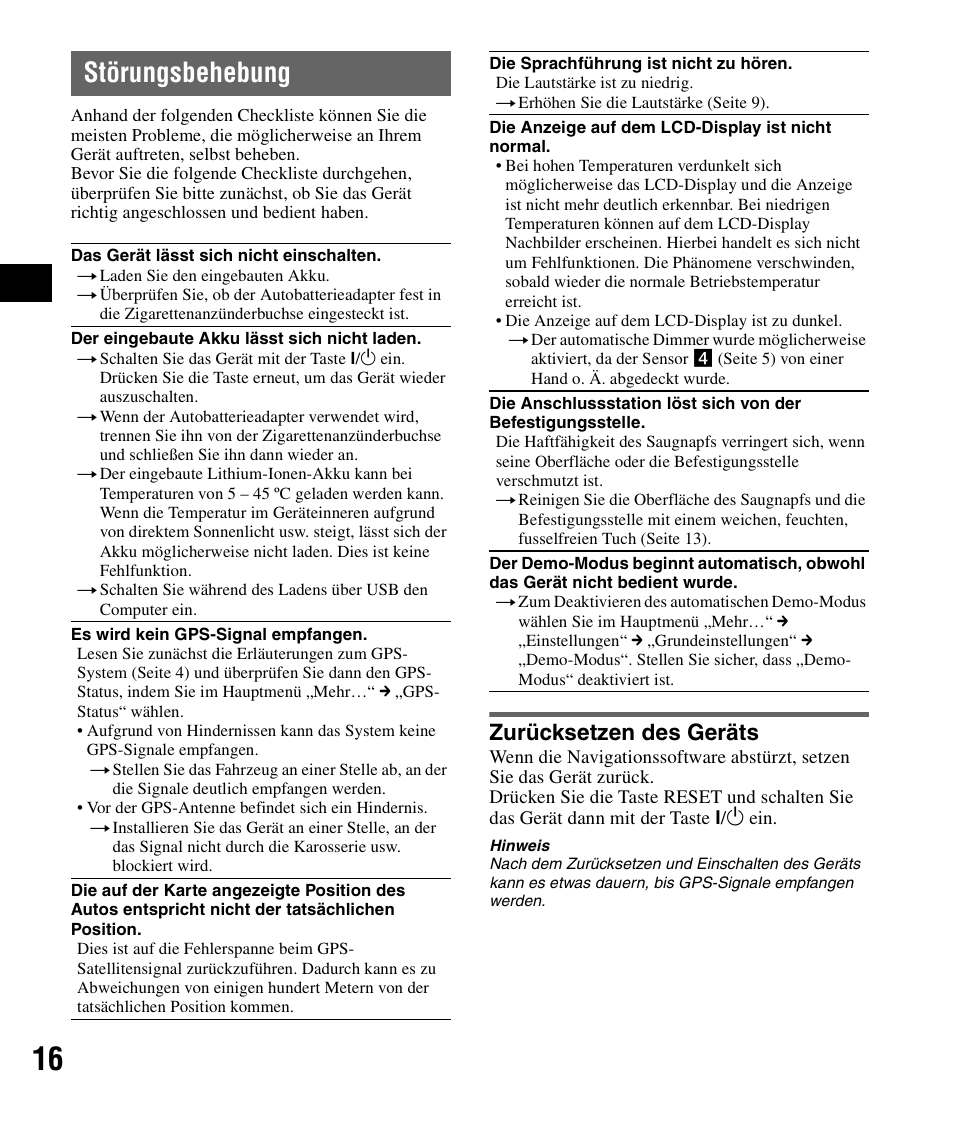 Störungsbehebung, Zurücksetzen des geräts | Sony NV-U82B User Manual | Page 30 / 122