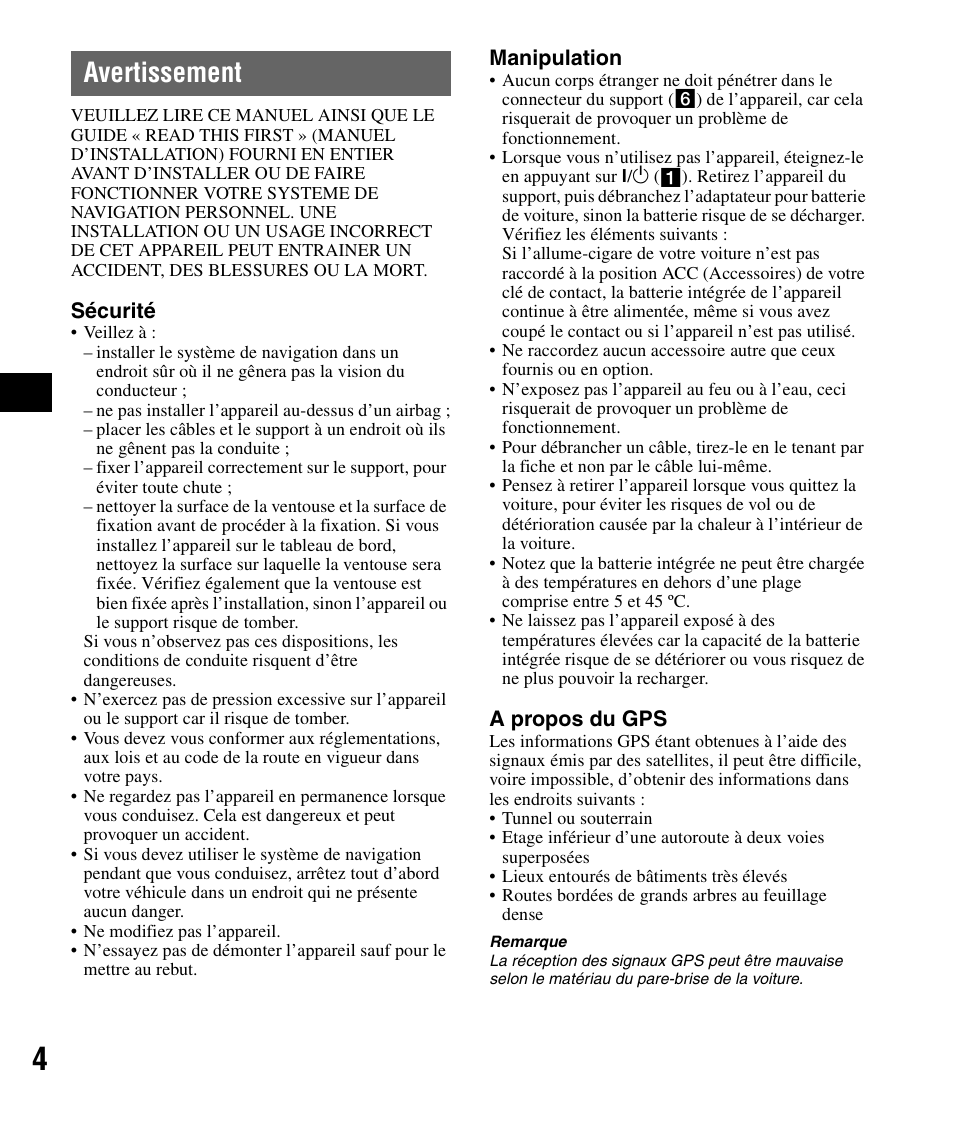 Avertissement | Sony NV-U82B User Manual | Page 34 / 122