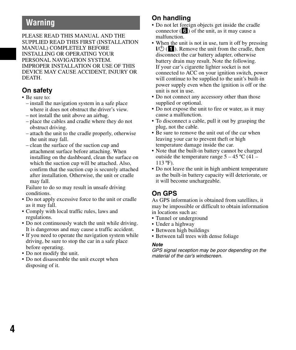 Warning | Sony NV-U82B User Manual | Page 4 / 122