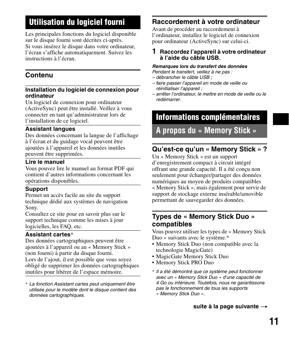 Utilisation du logiciel fourni, Contenu, Raccordement à votre ordinateur | Informations complémentaires, A propos du « memory stick, Qu’est-ce qu’un « memory stick, Types de « memory stick duo » compatibles, Contenu raccordement à votre ordinateur | Sony NV-U82B User Manual | Page 41 / 122