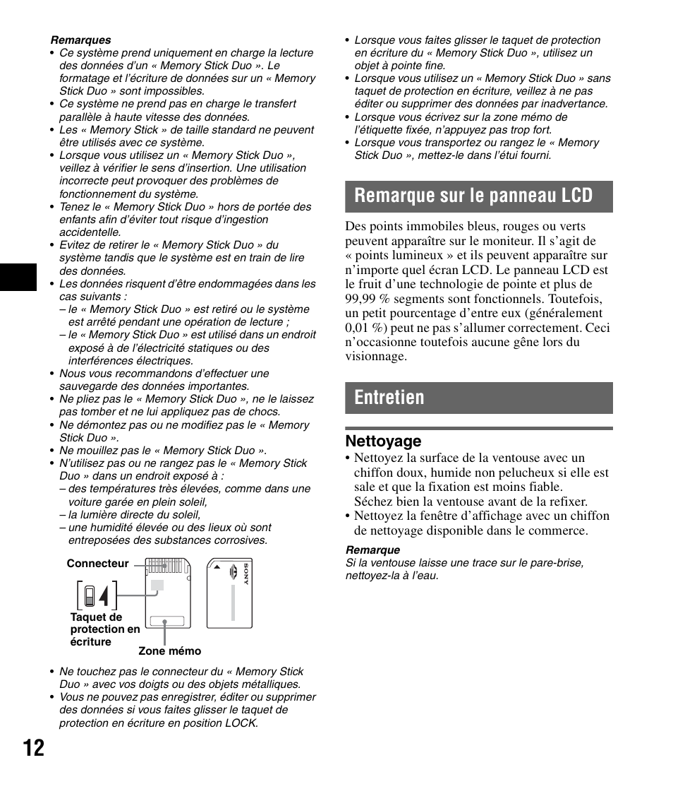 Remarque sur le panneau lcd, Entretien, Nettoyage | Remarque sur le panneau lcd entretien | Sony NV-U82B User Manual | Page 42 / 122