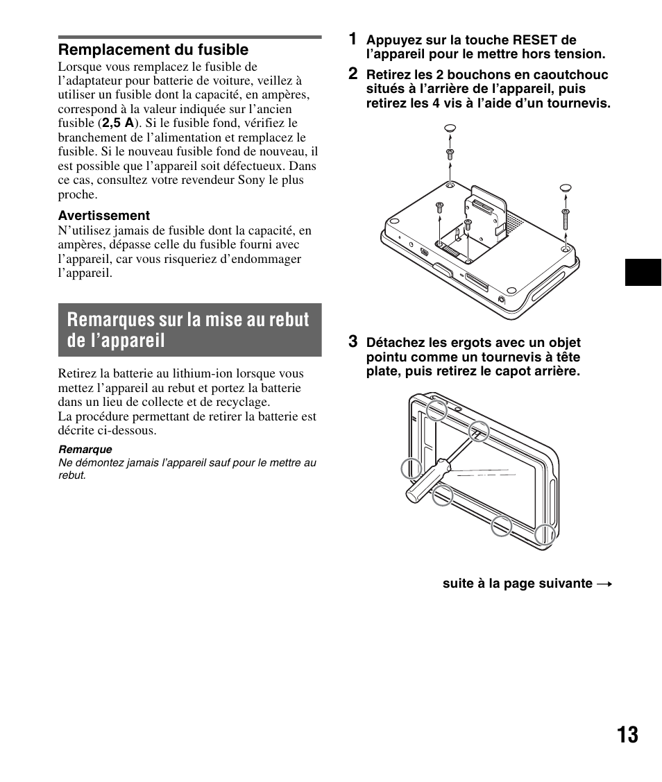 Remplacement du fusible, Remarques sur la mise au rebut de l’appareil, Remarques sur la mise au rebut de | L’appareil | Sony NV-U82B User Manual | Page 43 / 122