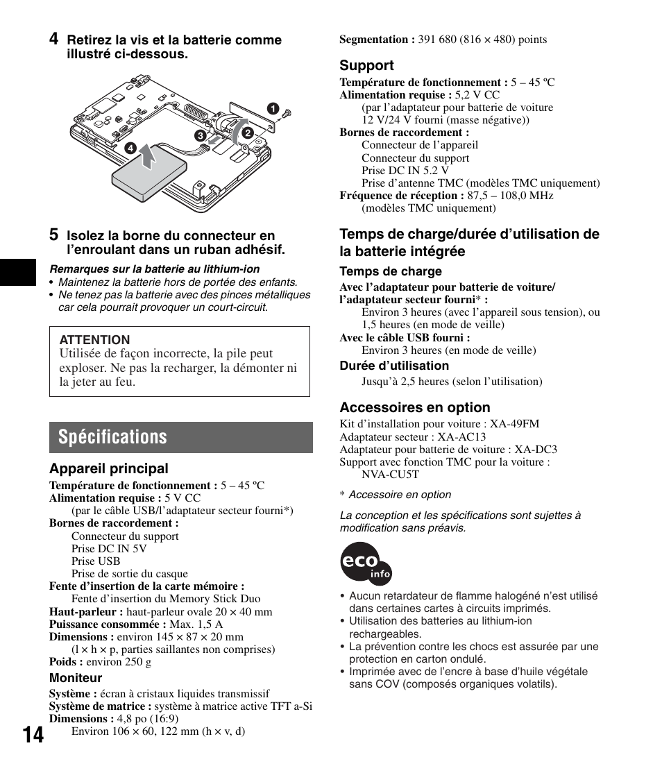 Spécifications | Sony NV-U82B User Manual | Page 44 / 122