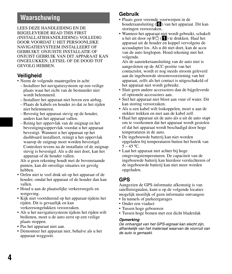 Waarschuwing | Sony NV-U82B User Manual | Page 48 / 122