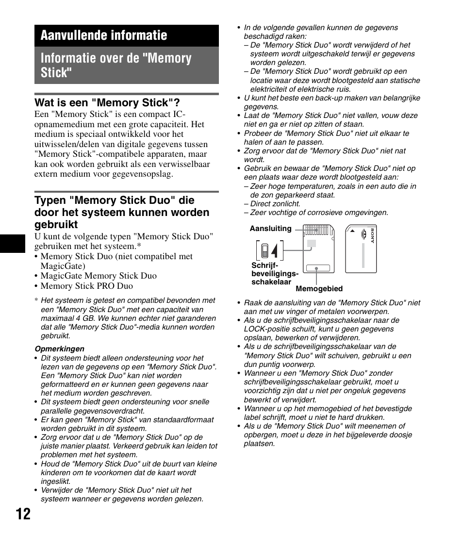 Aanvullende informatie, Informatie over de "memory stick, Wat is een "memory stick | Sony NV-U82B User Manual | Page 56 / 122