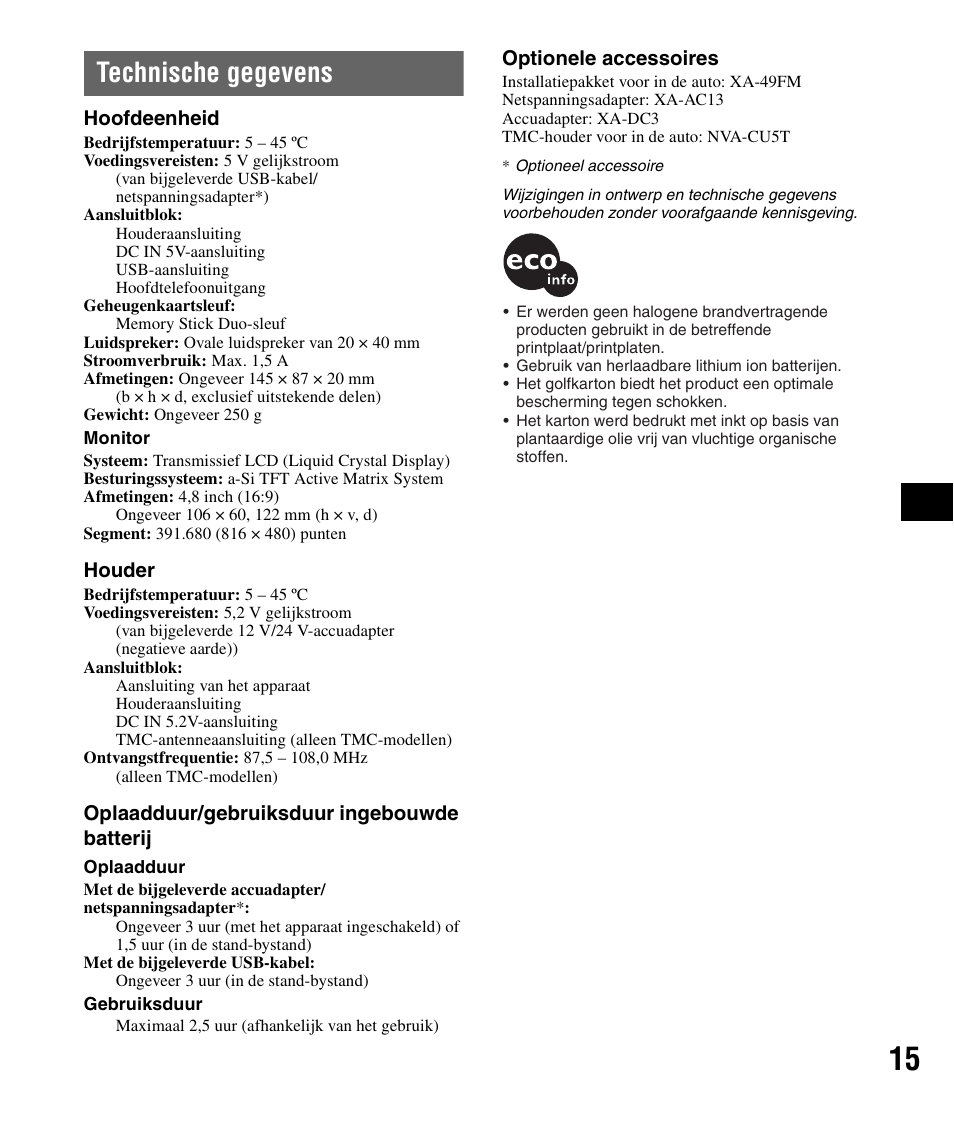 Technische gegevens | Sony NV-U82B User Manual | Page 59 / 122