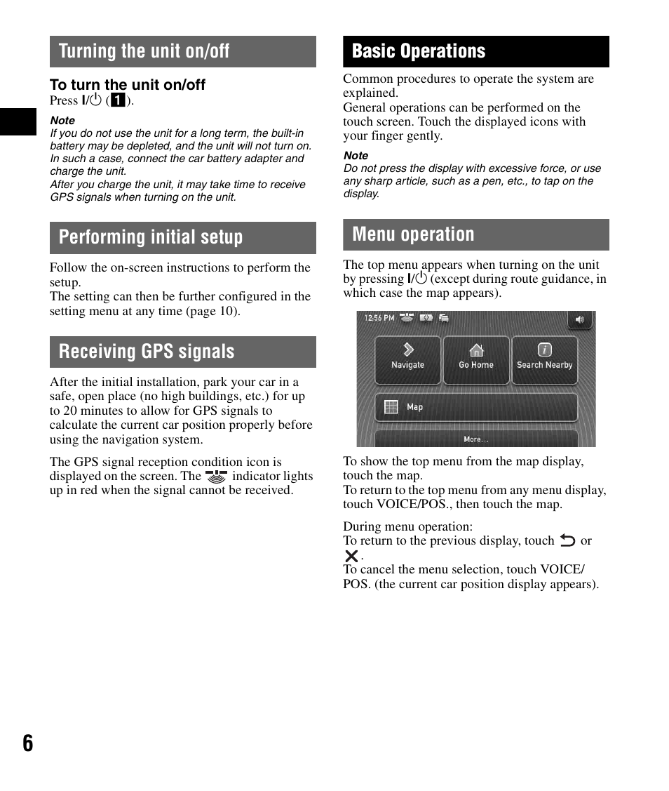 Turning the unit on/off, Performing initial setup, Receiving gps signals | Basic operations, Menu operation | Sony NV-U82B User Manual | Page 6 / 122