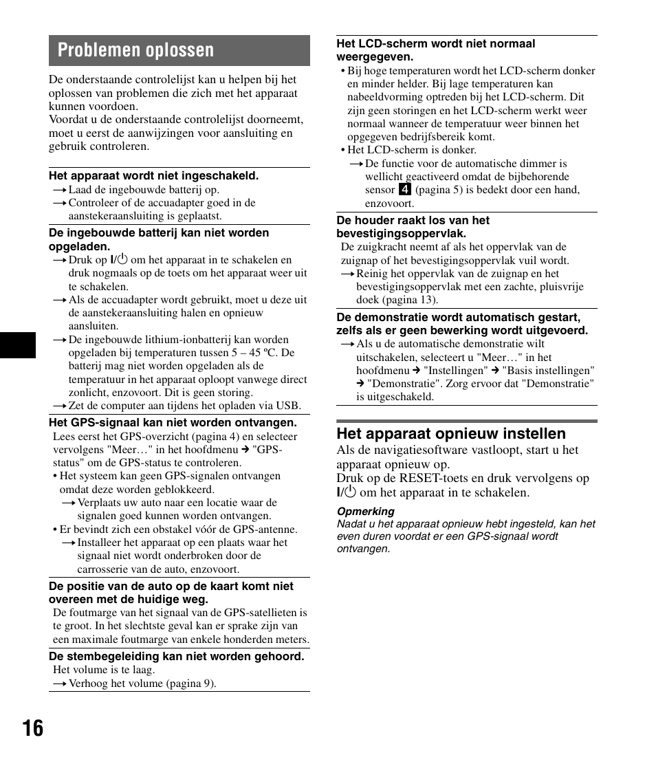 Problemen oplossen, Het apparaat opnieuw instellen | Sony NV-U82B User Manual | Page 60 / 122