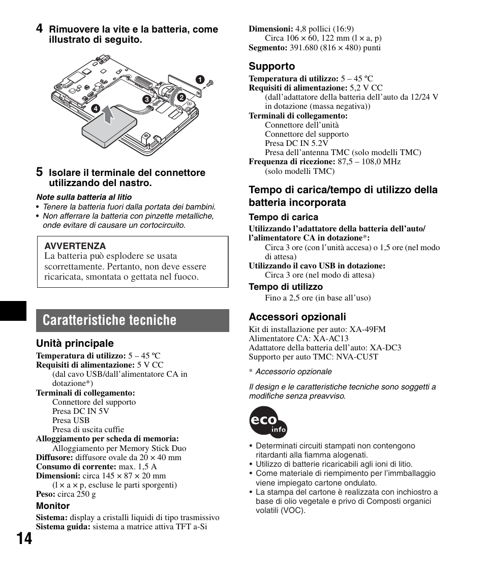 Caratteristiche tecniche | Sony NV-U82B User Manual | Page 74 / 122